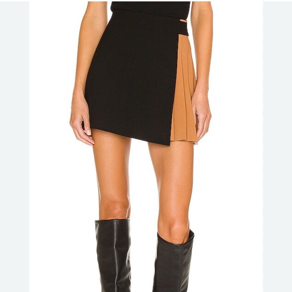 Alice + Olivia Toni Asymmetrical Pleated Skirt Black/Camel color